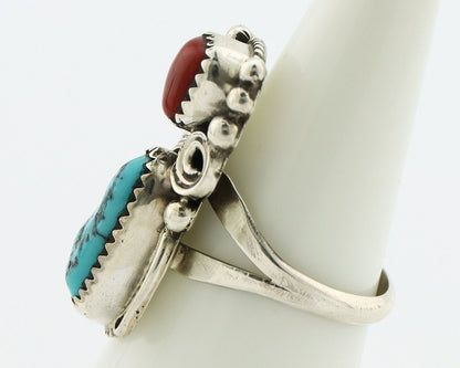 Navajo Ring .925 Silver Turquoise & Coral Artist Signed Justin Morris C.80's