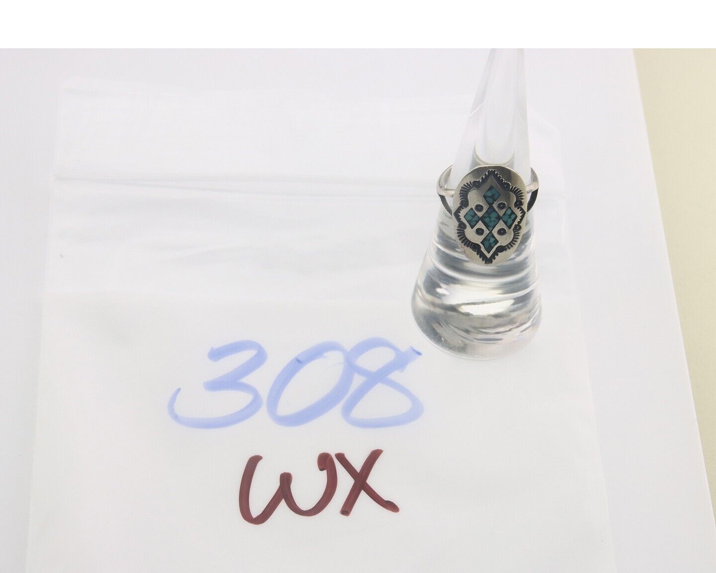 Navajo Ring 925 Sterling Natural Chip Inlay Turquoise C.80's Size 5.75