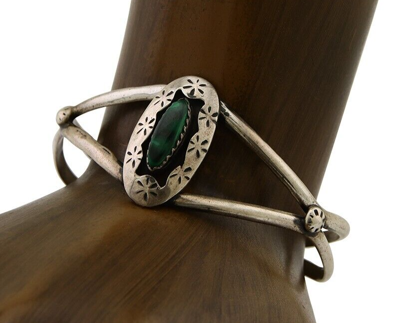 Navajo Hand Stamped Cuff Bracelet Malachite 925 Silver Artist Signed IJC C.80's