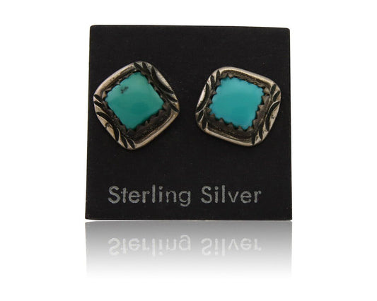 Navajo Hand Stamped Earrings 925 Silver Blue Turquoise Native Artist C.80's