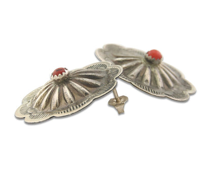 Navajo Concho Earrings 925 Silver Natural Coral Native American Artist C.80's