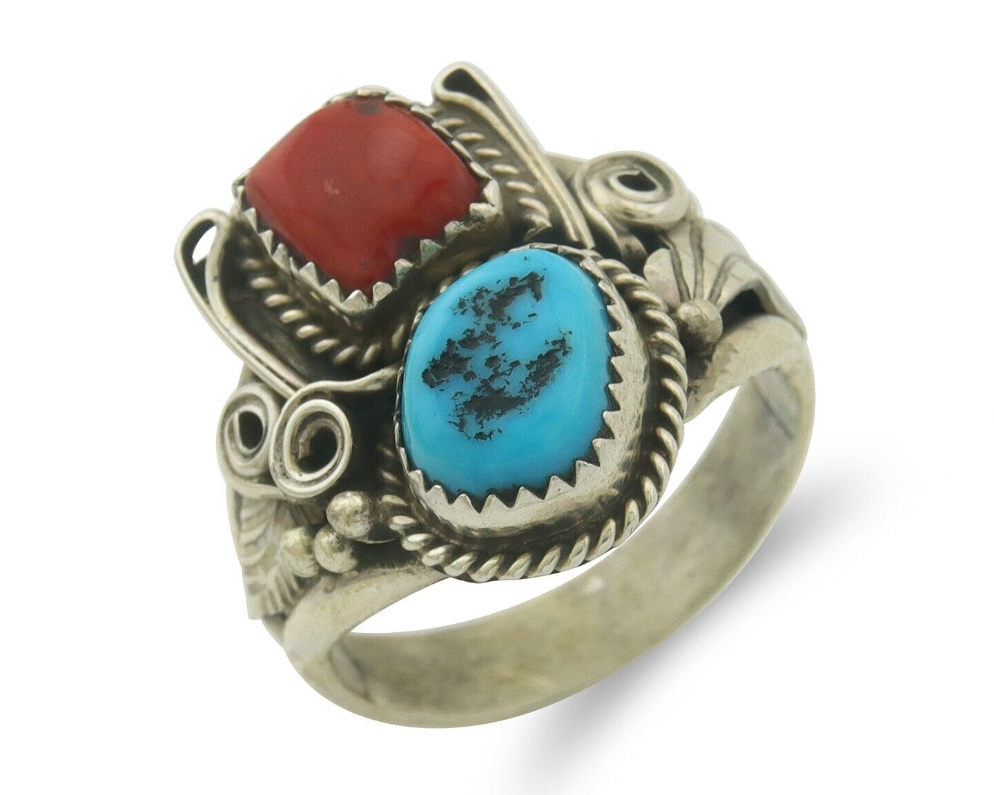 Men Navajo Ring 925 Sterling Natural Coral & Turquoise Signed JM C.80's Sz 12.25