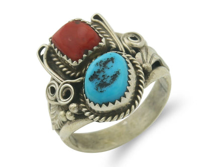 Men Navajo Ring 925 Sterling Natural Coral & Turquoise Signed JM C.80's Sz 12.25