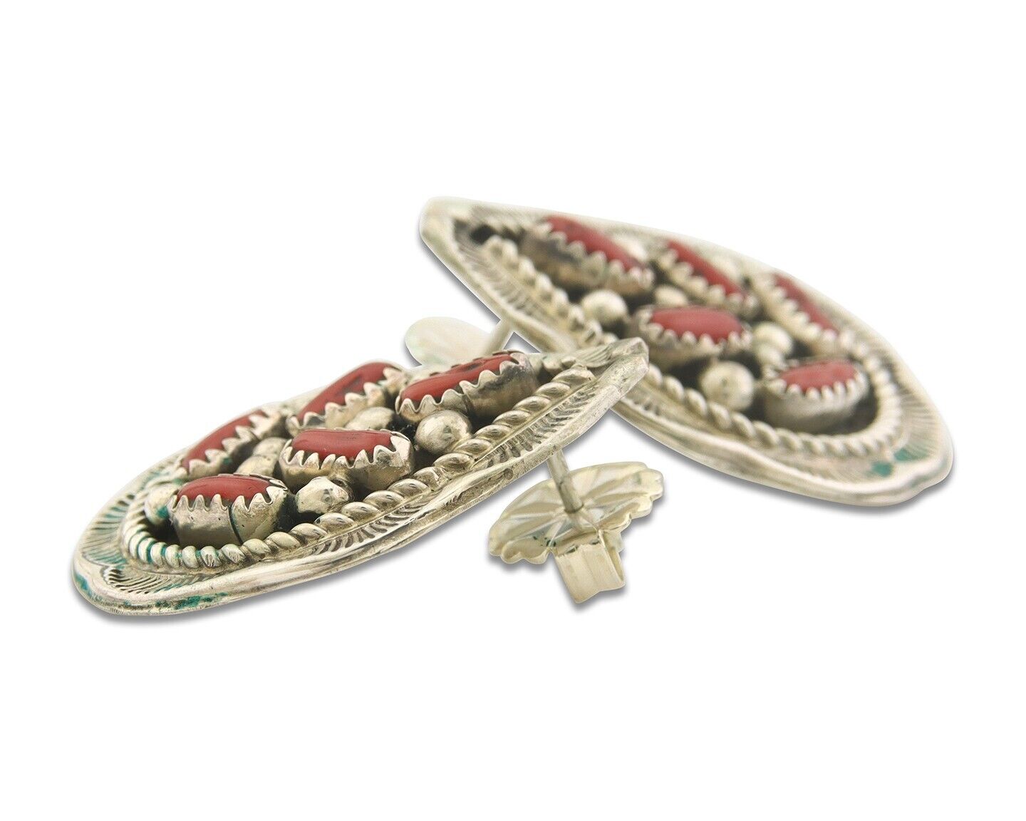 Navajo Earrings 925 Silver Natural Coral Native American Artist C.80's