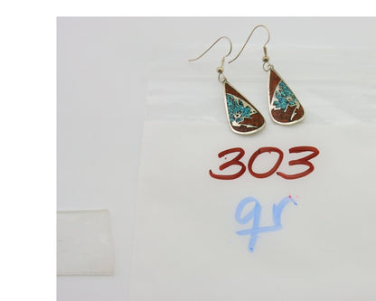 Navajo Kokopelli Earrings 999 Nickel Chip Inlay Turquoise Coral Native American