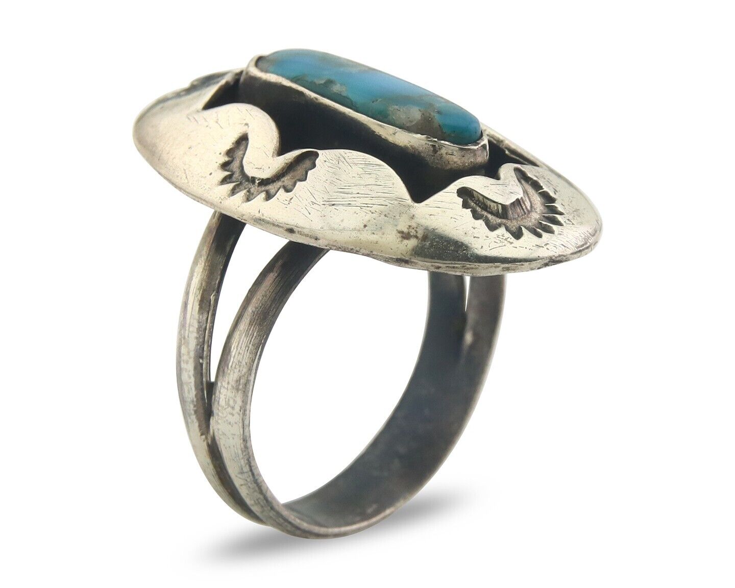 Navajo Ring 925 Sterling Turquoise Handmade Native Artist C.80's Size 8.5