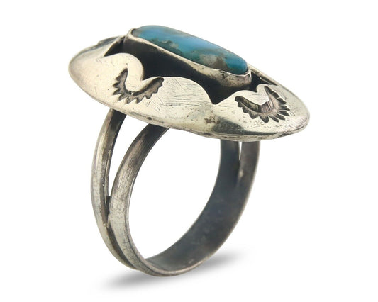 Navajo Ring 925 Sterling Turquoise Handmade Native Artist C.80's Size 8.5
