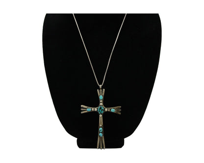 Navajo Sand Cast Cross Pendant 925 Silver Turquoise Signed RJ SILVERSMITHS C.80s