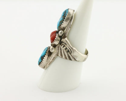 Navajo Ring 925 Silver Blue Turquiose & Coral Artist Signed Large R C.80's