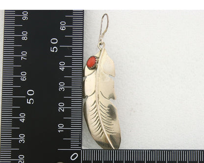 Navajo Earrings 925 Silver Natural Coral Native American C.80's Eagle Feather