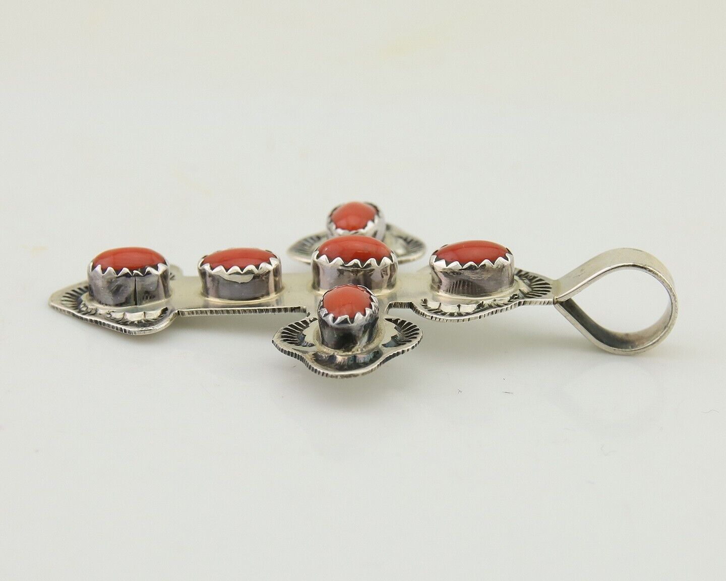 Navajo Cross Pendant 925 Silver Mediterranean Coral Artist Signed CB C.80's