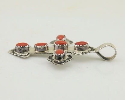 Navajo Cross Pendant 925 Silver Mediterranean Coral Artist Signed CB C.80's