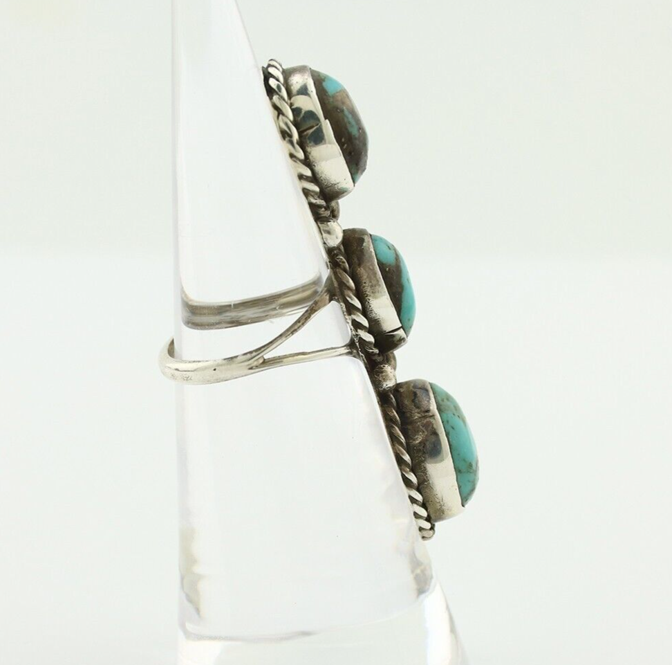 Navajo 3 Stone Ring 925 Silver Natural Kingman Turquoise Native Artist C.80's