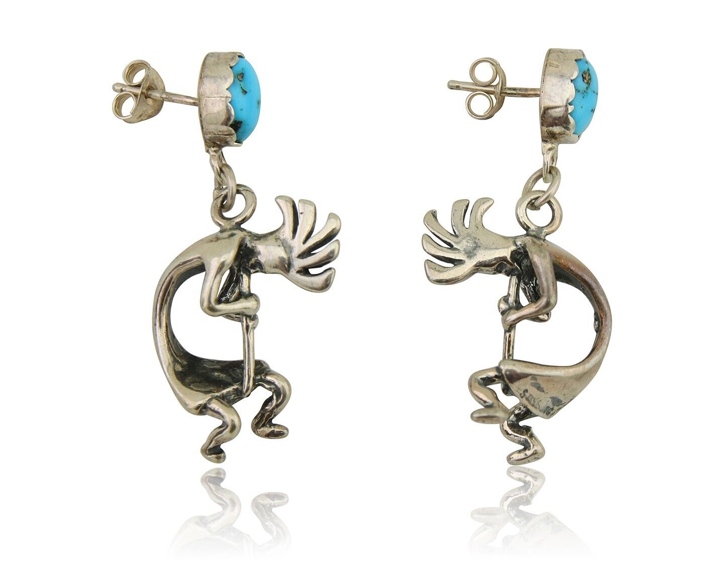 Navajo Dangle Kokopelli Earrings 925 Silver Natural Turquoise Native Artist C80s