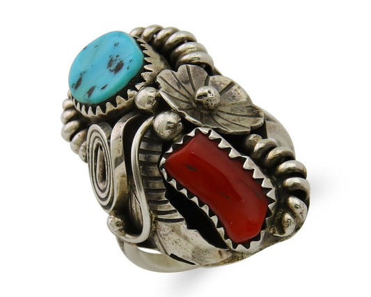 Navajo Handmade Ring 925 Silver Coral & Turquoise Native Artist C.80's