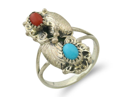 Navajo Ring 925 Sterling Silver Authentic Turquoise & Coral Signed WB Size 6.75