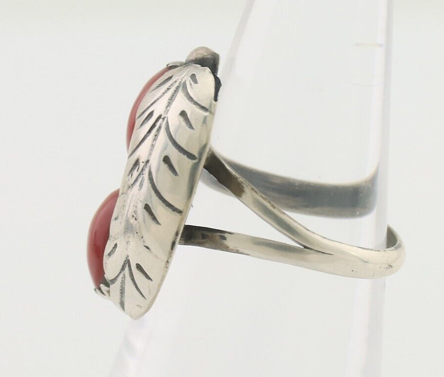 Navajo Handmade Ring 925 Silver Natural Mediterranean Coral Signed 88 C.80's