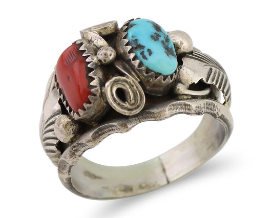 Navajo Ring 925 Silver Coral Turquoise Artist Signed Max Calabaza C.80's