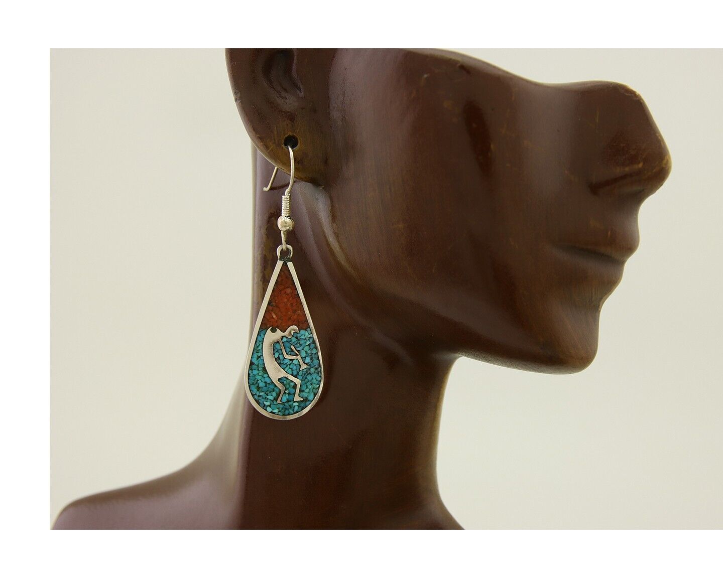 Navajo Kokopelli Earrings 999 Nickel Chip Inlay Turquoise Coral Native American