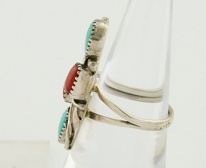 Navajo Handmade Ring 925 Silver Coral & Turquoise Native Artist C.80's