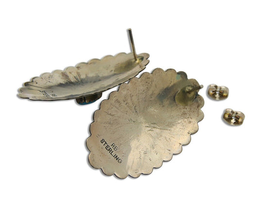 Navajo Earrings 925 Silver Natural Turquoise Artist Signed Running Bear C80s