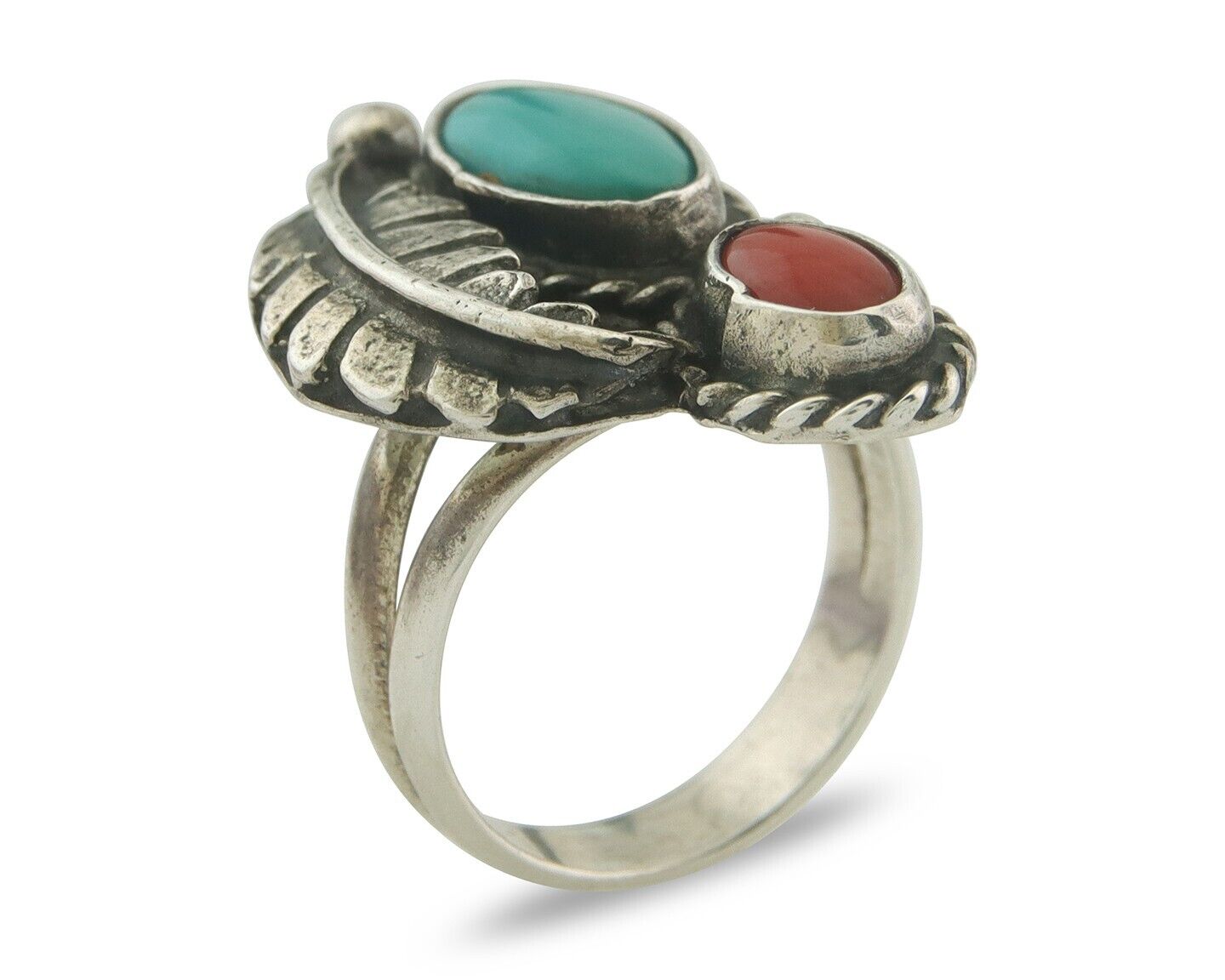 Navajo Ring 925 Sterling Natural Coral & Turquoise Signed EH C.80's Size 6.0