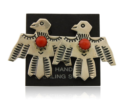Navajo Thunderbird Earrings 925 Silver Natural Red Coral Native Artist C.80's