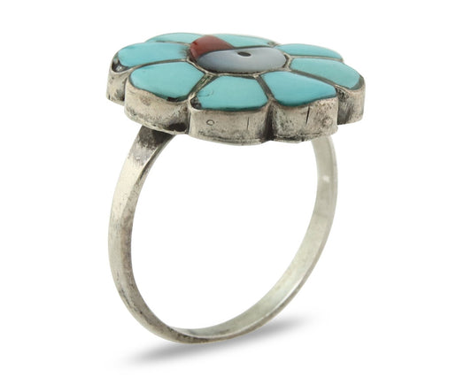 Vintage Zuni Ring 925 Sterling Silver Natural Gemstone Signed JV Size 7.75