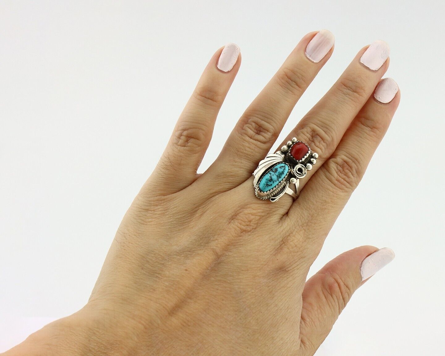 Navajo Ring .925 Silver Turquoise & Coral Artist Signed Justin Morris C.80's