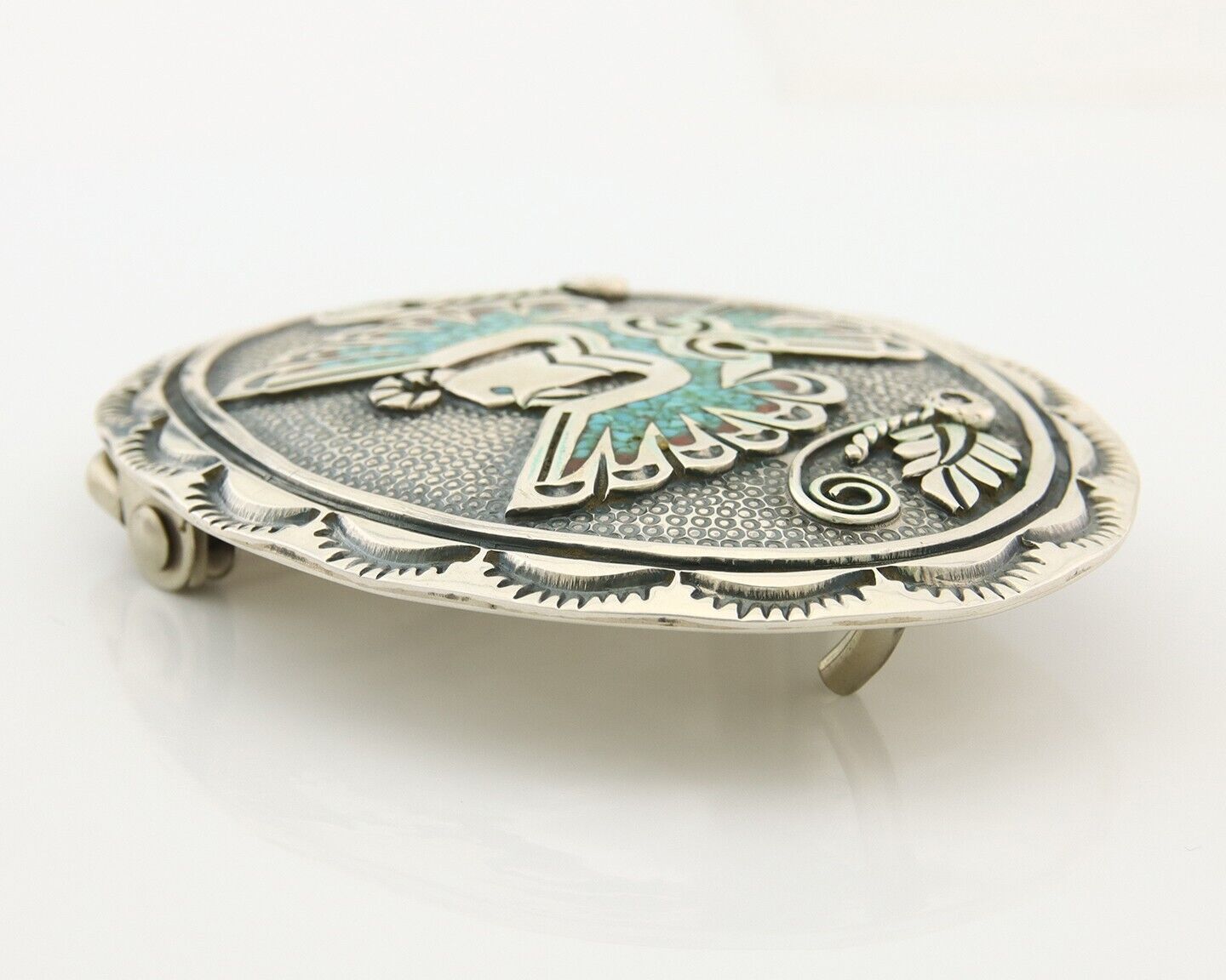 Navajo Belt Buckle 925 Sterling Silver Turquoise Coral Signed Stanley Bains C80s