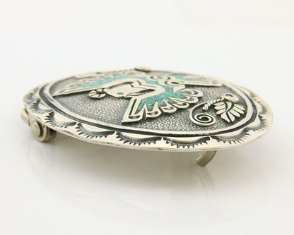 Navajo Belt Buckle 925 Sterling Silver Turquoise Coral Signed Stanley Bains C80s