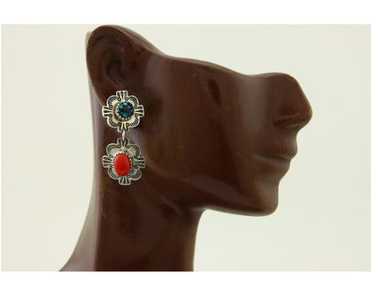 Navajo Earrings 925 Silver Turquoise & Coral Artist Signed Mary Ellen C.80's
