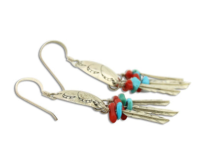 Navajo Earrings 925 Silver Turquoise & Coral Native American Artist C.80's