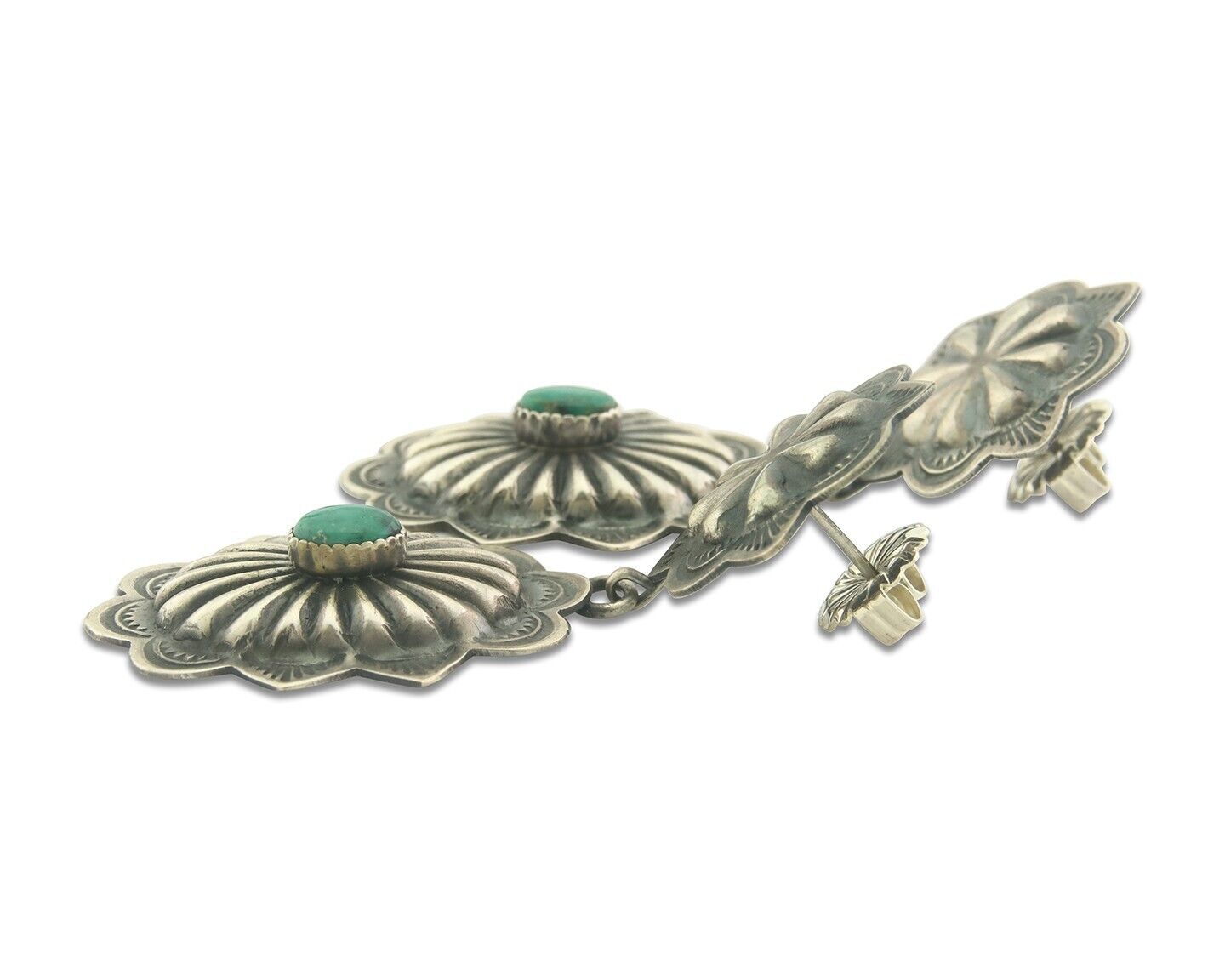 Navajo Earrings 925 Silver Handmade Concho Natural Turquoise Native Artist C80s