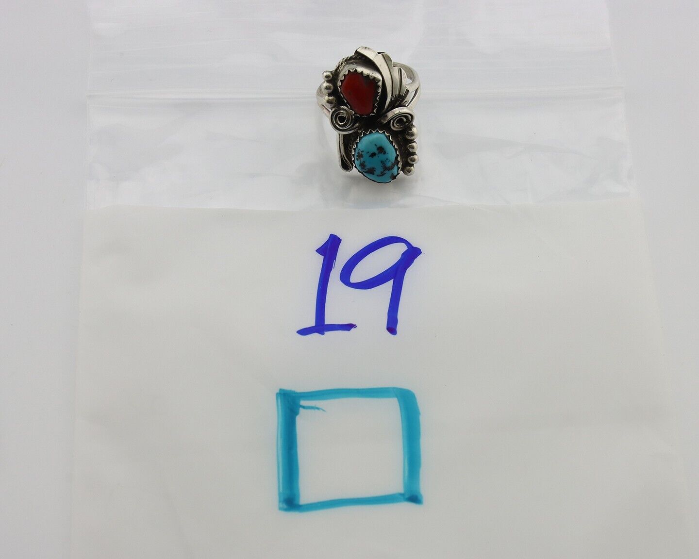 Navajo Ring .925 Silver Turquoise & Coral Artist Signed Justin Morris C.80's