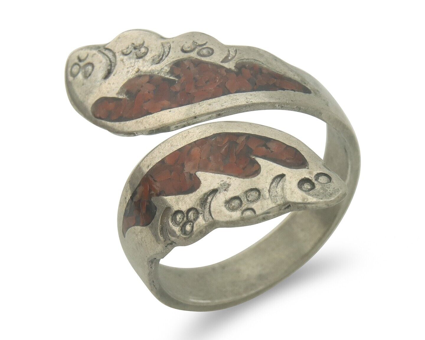 Navajo Ring 925 Silver Inlaid Natural Coral Native Artist C.80's Size 8.0