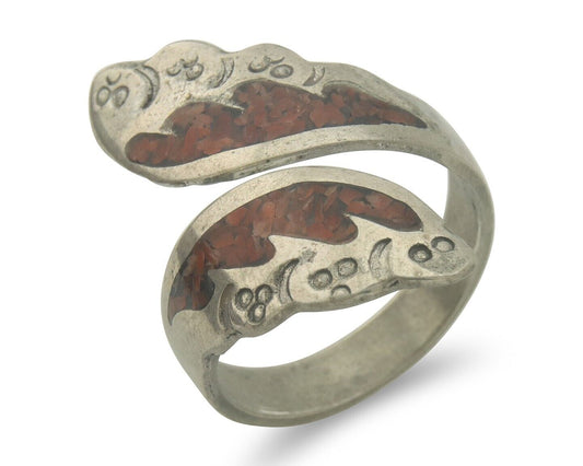 Navajo Ring 925 Silver Inlaid Natural Coral Native Artist C.80's Size 8.0