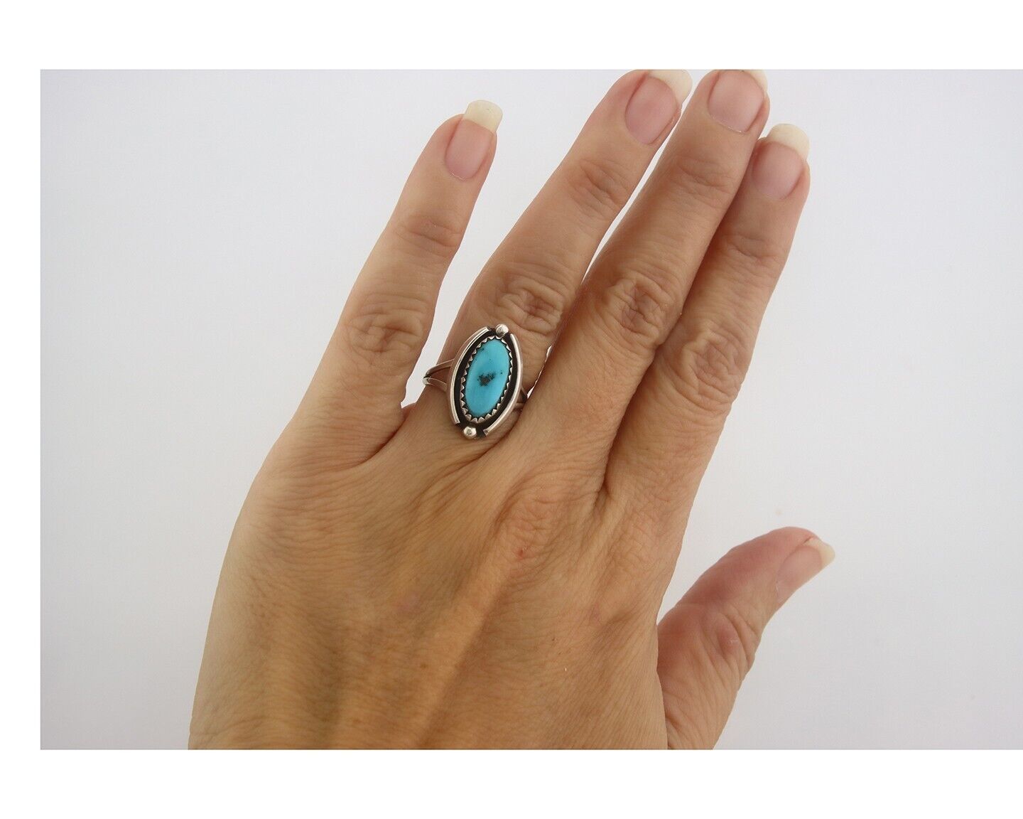 Navajo Ring 925 Sterling Natural Turquoise Native Artist C.80's Size 5.0