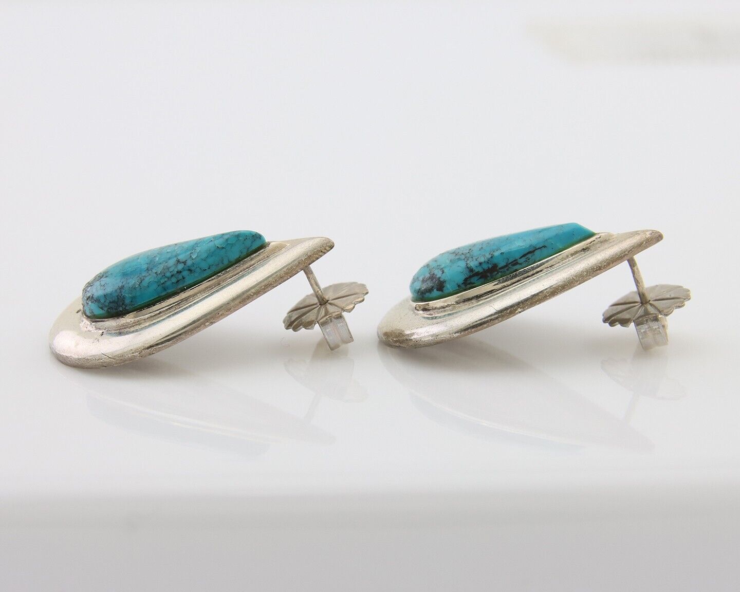 Navajo Dangle Earrings 925 Silver Natural Turquoise Signed Thomas Charay C.1988