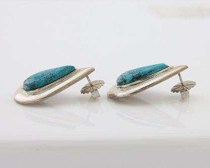 Navajo Dangle Earrings 925 Silver Natural Turquoise Signed Thomas Charay C.1988