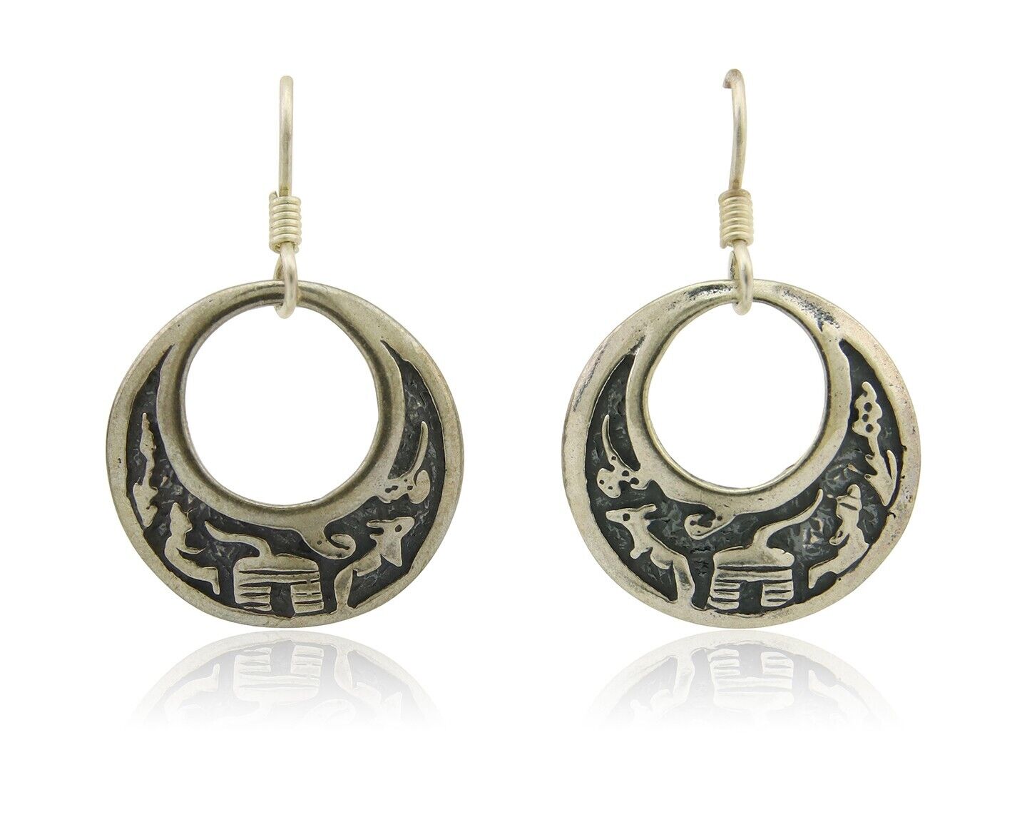 Navajo Earrings 925 Silver Dangle Pictograph Native American Artist C.80's