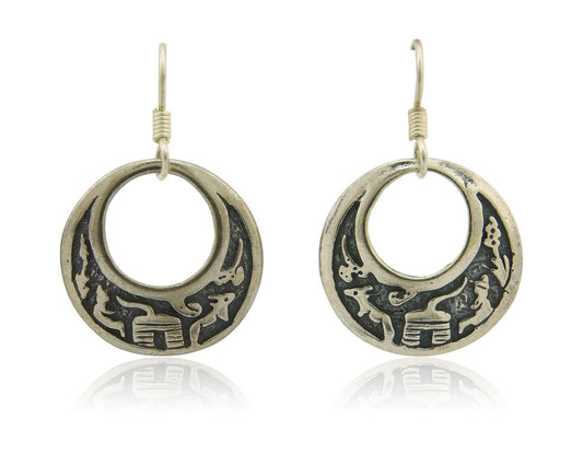 Navajo Earrings 925 Silver Dangle Pictograph Native American Artist C.80's