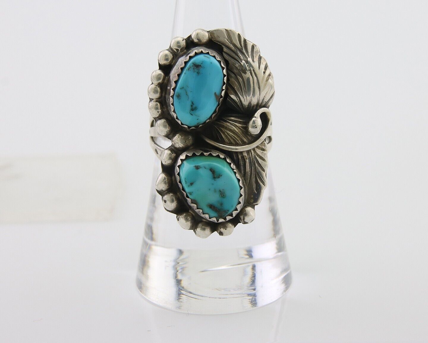Navajo Ring 925 Silver Natural Turquoise Artist Signed LR C.80's Size 8.0
