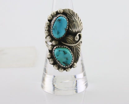 Navajo Ring 925 Silver Natural Turquoise Artist Signed LR C.80's Size 8.0