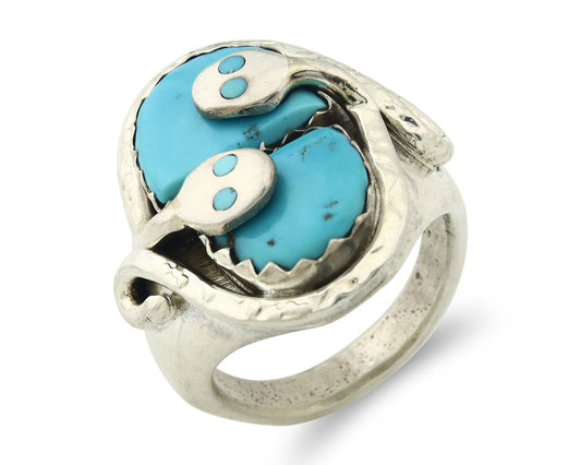 Men Heavy Zuni Snake Ring 925 Silver Turquoise Signed EFFIE CALAVASA C.80's