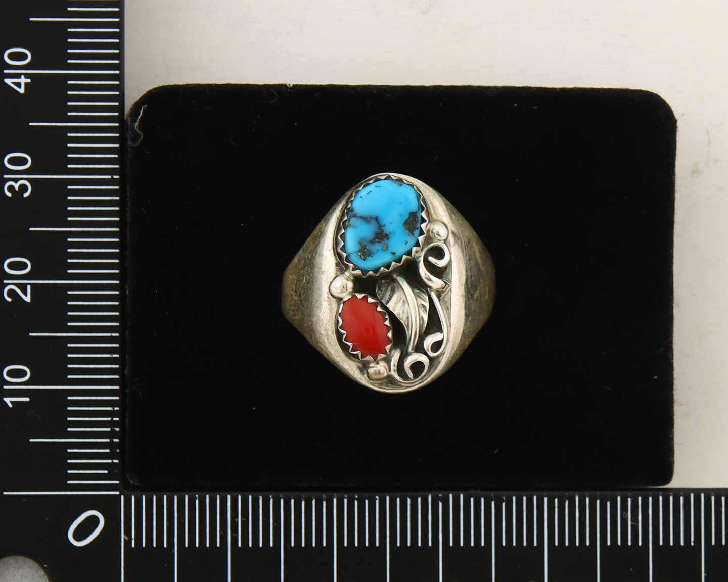 Navajo Ring 925 Sterling Turquoise & Coral Native Artist C.80's Size 8.5