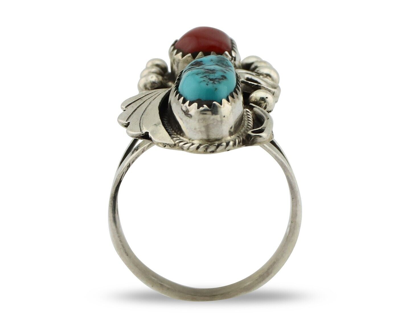 Navajo Ring .925 Silver Turquoise & Coral Artist Signed Justin Morris C.80's