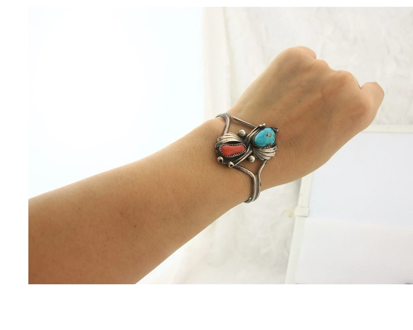 Navajo Cuff Bracelet Sterling Silver Natural Gemstone Vintage Signed BB