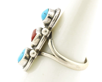 Navajo Ring 925 Silver Sleeping B Turquoise & Coral Native American Artist C.80s