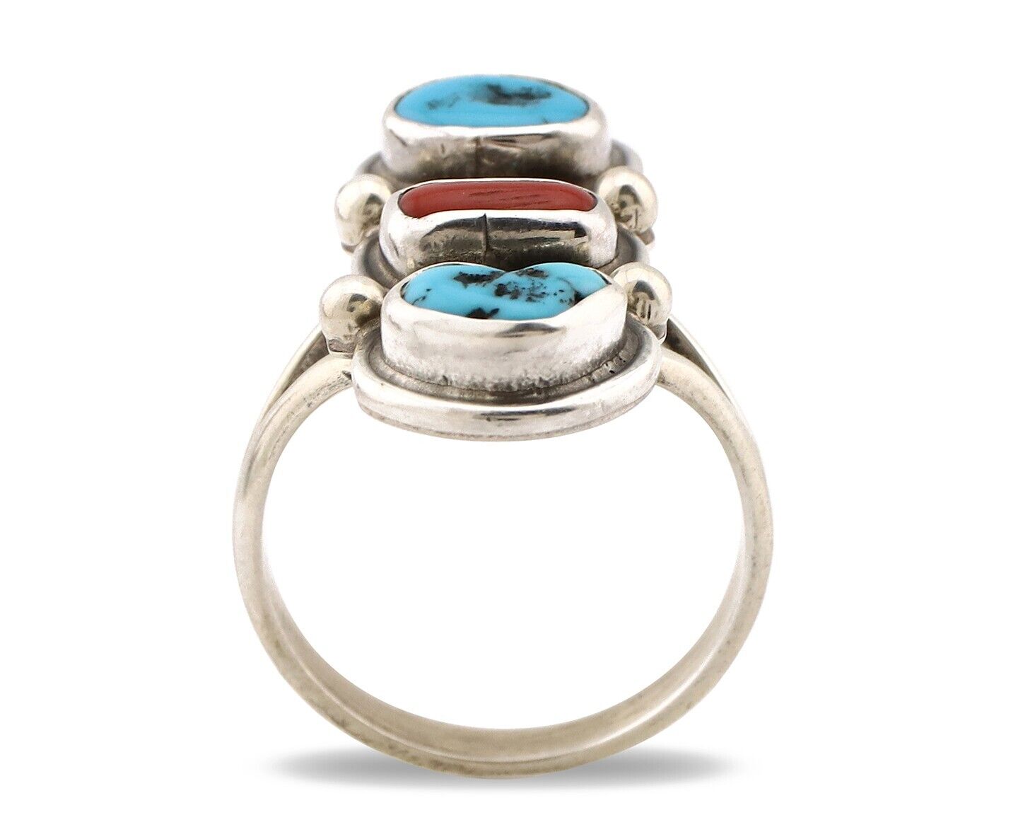 Navajo Ring 925 Silver Sleeping B Turquoise & Coral Native American Artist C.80s
